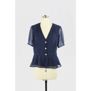 Aritzia WILFRED True Navy Button Front Chiffon Puff Sleeve Peplum Blouse, Size 6